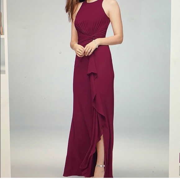 high-neck bridesmaid dress with cascade twist Cascade with High-Neck Chiffon Bridesmaid Dress